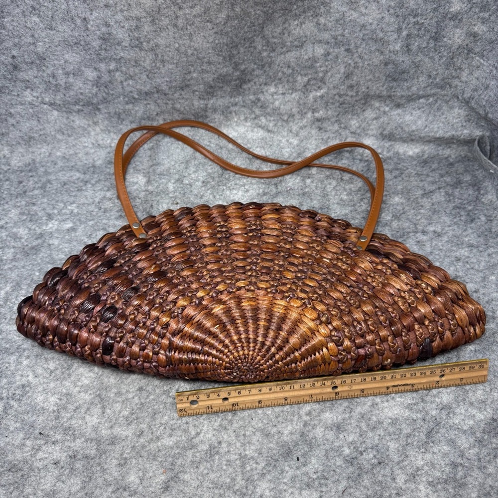 Handmade Crescent Basket Shoulderbag Purse Woven Rattan Wicker Brown Resortwear - Picture 4 of 10